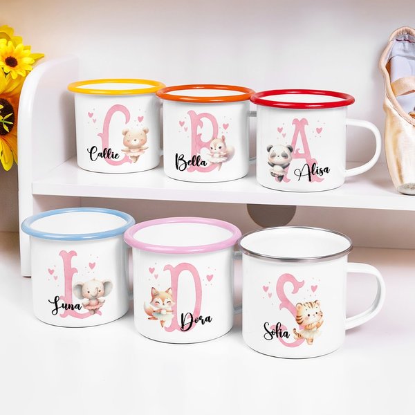Personalised Cute Animal Ballerina 12 oz Colorful Rim Enamel Mug with Name and Initial Back to School Birthday Gift for Kids Ballet Lovers