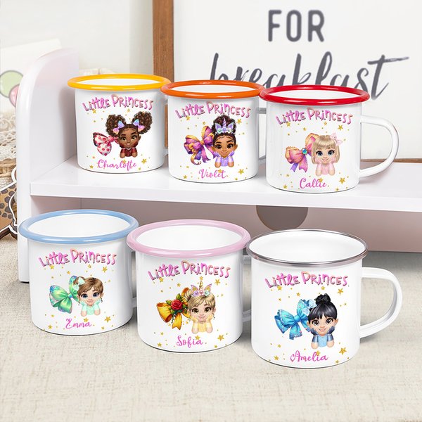 Personalized Cartoon Little Princess Coquette Bow 12 oz Coloured Rim Enamel Mug with Name Birthday Children's Day Gift for Girls