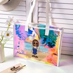 Personalized Sunny Beach Style Cute Cartoon Girl Holographic Clear Tote Bag with Name Summer Vacation Daily Use Birthday Gift for Women Girls