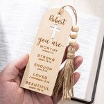 Personalisierte Bibel Vers Kreuz hölzerne Lesezeichen mit eingraviertem Namen und Perlen Quasten Geburtstag religiöse Taufe Geschenk für Familie Christen