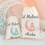 Personalizzato Eid Mubarak Moon Drawstring Canvas Bag Treat con nome Ramadan Stocking Stuffer Eid Gift per bambini