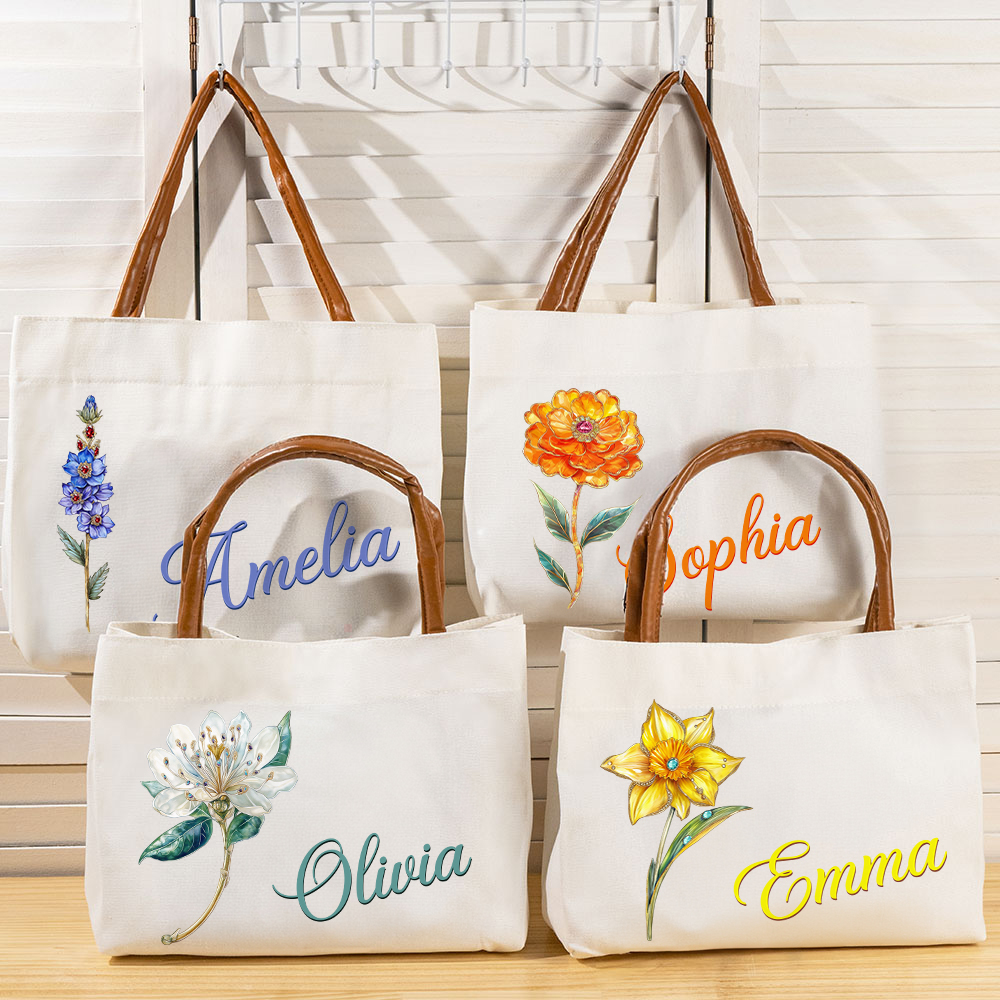 Sac en Toile Rétro Personnalisé avec Nom et Fleur de Naissance Sac à Anse en Cuir Grande Capacité Cadeau Anniversaire Fête pour Femmes