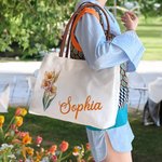 Sac en Toile Rétro Personnalisé avec Nom et Fleur de Naissance Sac à Anse en Cuir Grande Capacité Cadeau Anniversaire Fête pour Femmes