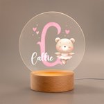 Personalized Cute Animal Ballerina Initial Name LED Night Light with Wooden Base Nursery Decor Birthday Gift for Ballet Lovers