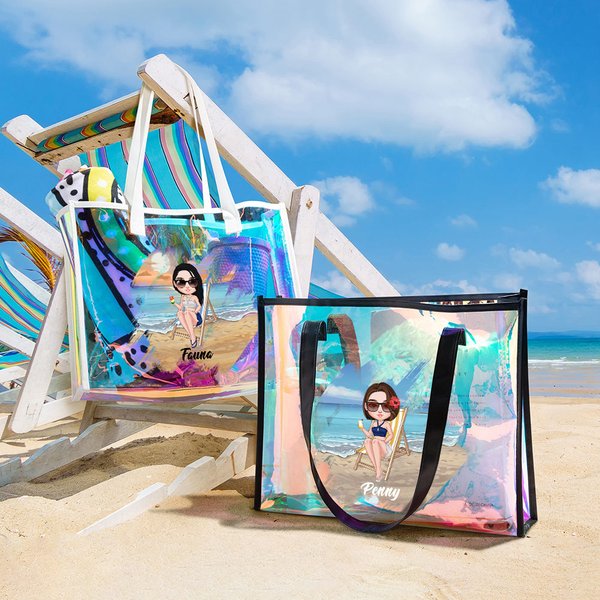 Personalized Sunny Beach Style Cute Cartoon Girl Holographic Clear Tote Bag with Name Summer Vacation Daily Use Birthday Gift for Women Girls