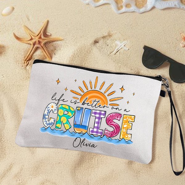 Personalised Life Is Better On A Cruise Makeup Bag with Wrist Strap and Name Travel Accessories Holiday Birthday Gift for Women Cruise Lovers