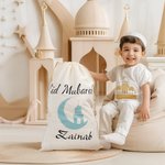Personalizzato Eid Mubarak Moon Drawstring Canvas Bag Treat con nome Ramadan Stocking Stuffer Eid Gift per bambini