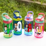 Personalisierte Cartoon-Charakter Apfel Bleistift Initial 16 oz Kind Wasserflasche mit Namen und Stroh zurück zu Schule Geburtstag Geschenk für Jungen Mädchen