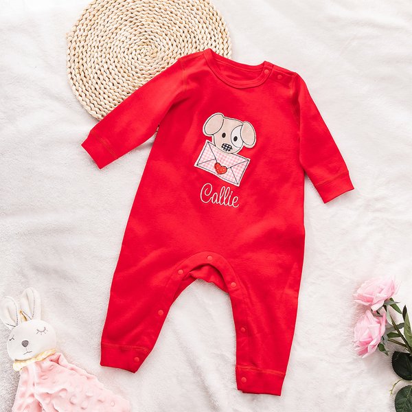 Personalized Embroidered Love Letter Puppy 100% Cotton Baby Romper Puff T-shirt with Name Birthday Valentine's Day Gift for Boys Girls