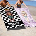 Personalisiertes Cartoon-Charakter Karo-Streifenmuster Schnelltrocknendes Strandtuch mit Namen Sommerurlaub Geburtstagsgeschenk für Familie Freunde