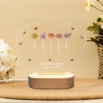 Veilleuse LED en Forme de Cœur Personnalisée avec 1 à 12 Fleurs de Naissance Noms Titre et Texte Cadeau Fête des Mères pour Maman Grand-Mère