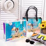 Personalized Sunny Beach Style Cute Cartoon Girl Holographic Clear Tote Bag with Name Summer Vacation Daily Use Birthday Gift for Women Girls