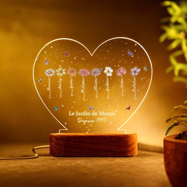 Veilleuse LED en Forme de Cœur Personnalisée avec 1 à 12 Fleurs de Naissance Noms Titre et Texte Cadeau Fête des Mères pour Maman Grand-Mère