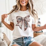 Personalized Multicolor Ball Sports Coquette Bow 100% Cotton T-shirt with Name and Number Team Game Day Gift for Girls Women Sports Lovers