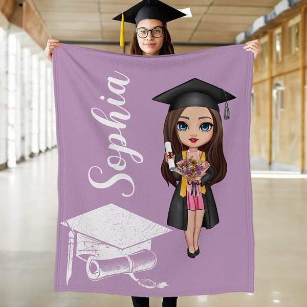 Personalisierte Cartoon Graduate Charakter weiche Decke mit Namen Home Decor Gratulation Graduation Geschenk für Mitschüler Freunde