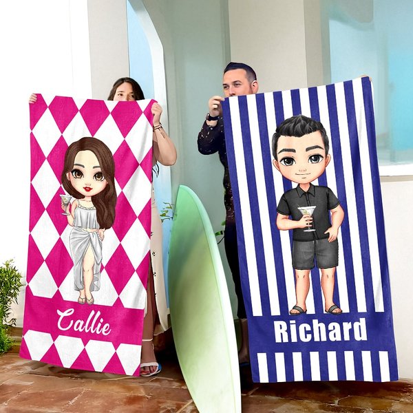 Personalised Cartoon Character Striped Plaid Oversized Quick Dry Beach Towel with Name Summer Holiday Essential Birthday Gift for Family Friends