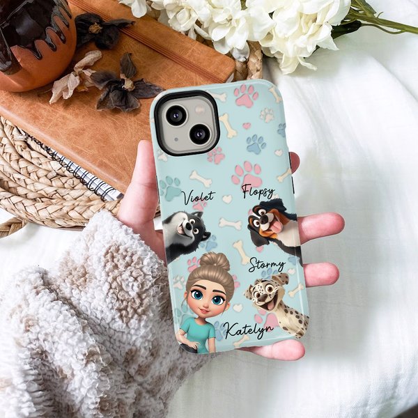 Personalised Cute 3D Cartoon Girl and 1-4 Dogs Phone Case for iPhone or Samsung with Names Birthday Anniversary Gift for Pet Lover Dog Mom