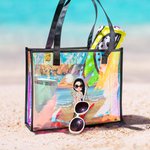 Personalized Sunny Beach Style Cute Cartoon Girl Holographic Clear Tote Bag with Name Summer Vacation Daily Use Birthday Gift for Women Girls