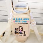 Bolsa personalizada para botella de agua con nombre de personaje de dibujos animados en 3D de una niña y su perro Accesorios para vaso de 40 oz Regalo de cumpleaños para dueños de perros