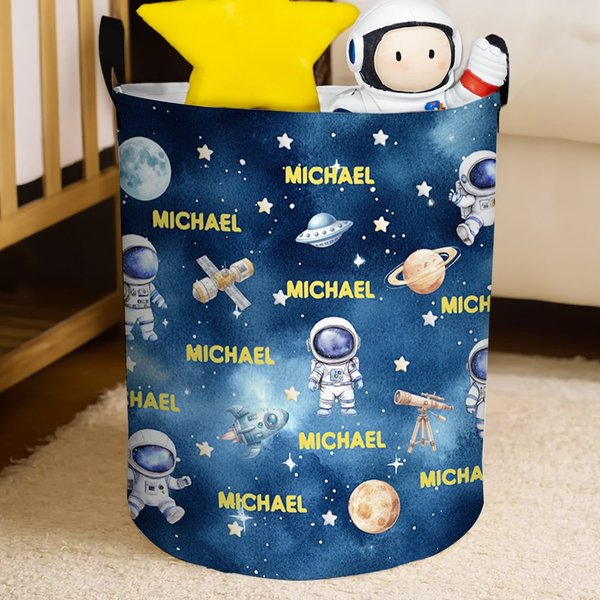 Personalized Space Astronaut Rocket Waterproof Storage Basket with Handle and Name Housewarming Birthday Gift for Boys Kids