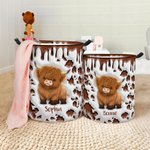 Personalized Cute Highland Cow Waterproof Laundry Storage Basket with Name and Handle Nursery Decor Birthday Housewarming Gift for Kids Family