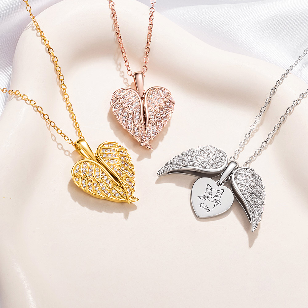 Collier Délicat Personnalisé avec Portrait de Chien ou Chat et Nom Accessoire avec Ailes d'Ange Cadeau Anniversaire pour Amoureux d'Animaux