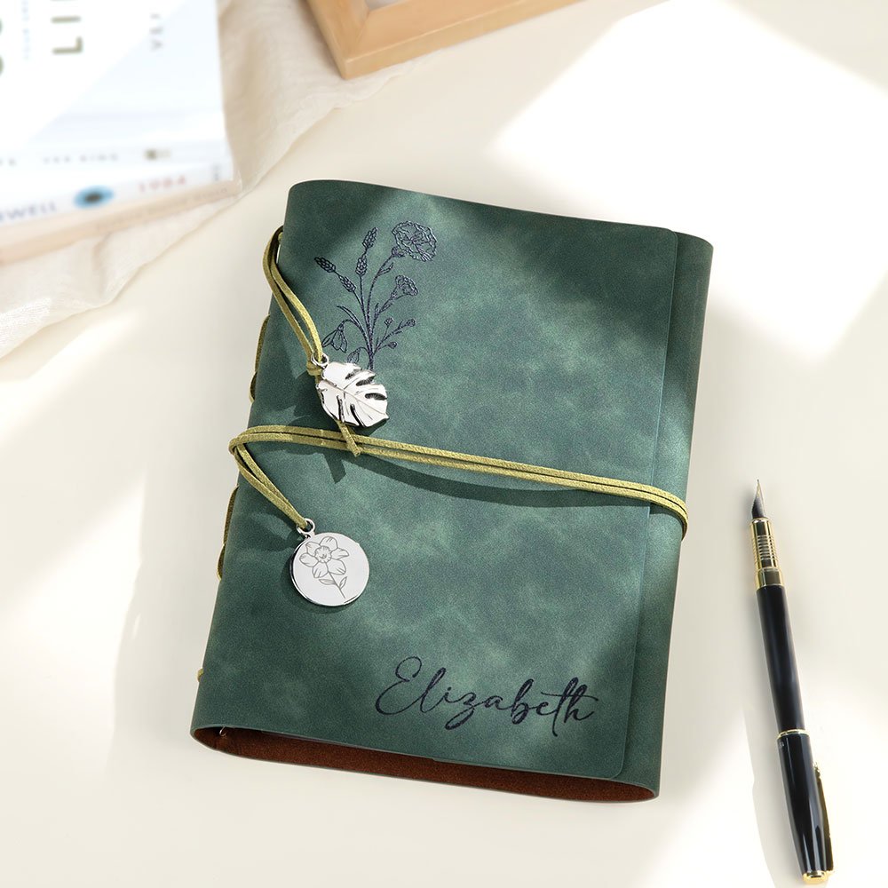 Personifierad Födelseblomma PU läder Binder Journal Anteckningsbok med namn och text Inspelningstillbehör Födelsedag Julklapp för skriventusiaster