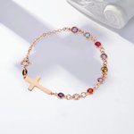 Personalized Minimalist Cross 1-12 Birthstone Bracelet Dainty Jewelry Christening Mother's Day Birthday Gift for Women Christian