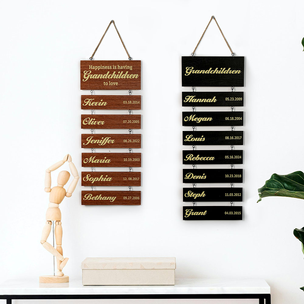 Panneau en bois personnalisé 1-18 Noms des petits-enfants avec dates Décoration de la maison Fête des pères Fête des mères Cadeau pour les grands-parents Famille