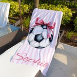 Personalized Pink Stripe Coquette Bow Basketball Football Oversized Quick Dry Beach Towel with Name Sport Beach Accessory Birthday Gift for Girls
