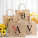 Borsa tote in iuta personalizzata con fiore di nascita iniziale e nome forte e resistente regalo di compleanno o matrimonio per donne