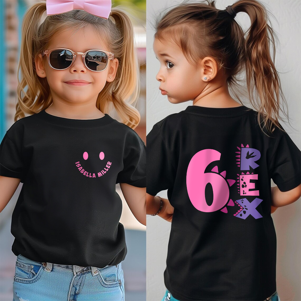 Personnalisé Multicolore Smiley Rex Dinosaur Cotton Kid T-shirt Sweatshirt Hoodie avec âge et nom Cadeau d'anniversaire pour filles Garçons