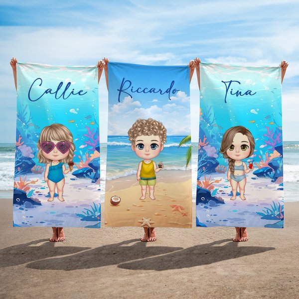 Asciugamano da spiaggia personalizzato con personaggio e nome dimensioni oversize asciugatura rapida essenziale per estate regalo per bambini