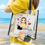 Gepersonaliseerde Cartoon Mode Meisje Lippenstift Ontwerp Grote Doorzichtige Schoudertas met Naam Reisbenodigdheden Verjaardagscadeau voor Vrouwen
