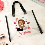 Bolsa personalizada grande y transparente con diseño de lápiz de labios y chica de moda con nombre regalo de cumpleaños para mujeres