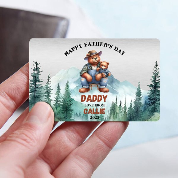 Personalized Cute Cartoon Hugging Bear Sitting with Mountain View Wallet Card with Names and Title Happy Father's Day Birthday Gift for Dad Grandpa