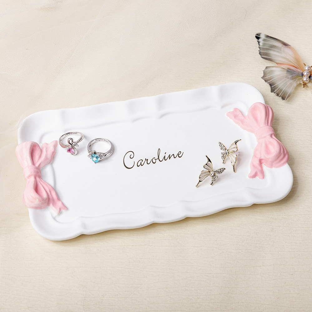 Boîte à bijoux en gypse avec nœuds roses Texture crème personnalisée Décoration intérieure esthétique Cadeau d'anniversaire de mariage pour femmes filles