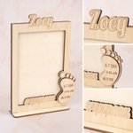 Cadre photo de table en bois gravé d'une empreinte de pied avec statistiques et nom Cadeau d'annonce de naissance pour nouveau-né Nouveaux parents