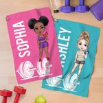 Personalisierte Cartoon Fitness Hantel Charakter Name weiche Sporthandtuch mit hängenden Clip Sport Zubehör Team Geburtstag Geschenk für Gym Lover Frauen