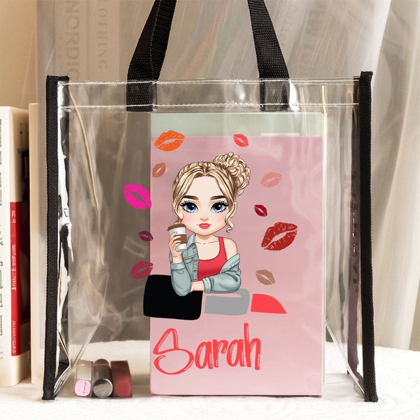 Gepersonaliseerde Cartoon Mode Meisje Lippenstift Ontwerp Grote Doorzichtige Schoudertas met Naam Reisbenodigdheden Verjaardagscadeau voor Vrouwen