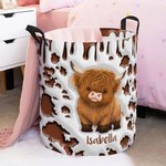 Personalized Cute Highland Cow Waterproof Laundry Storage Basket with Name and Handle Nursery Decor Birthday Housewarming Gift for Kids Family