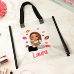 Gepersonaliseerde Cartoon Mode Meisje Lippenstift Ontwerp Grote Doorzichtige Schoudertas met Naam Reisbenodigdheden Verjaardagscadeau voor Vrouwen