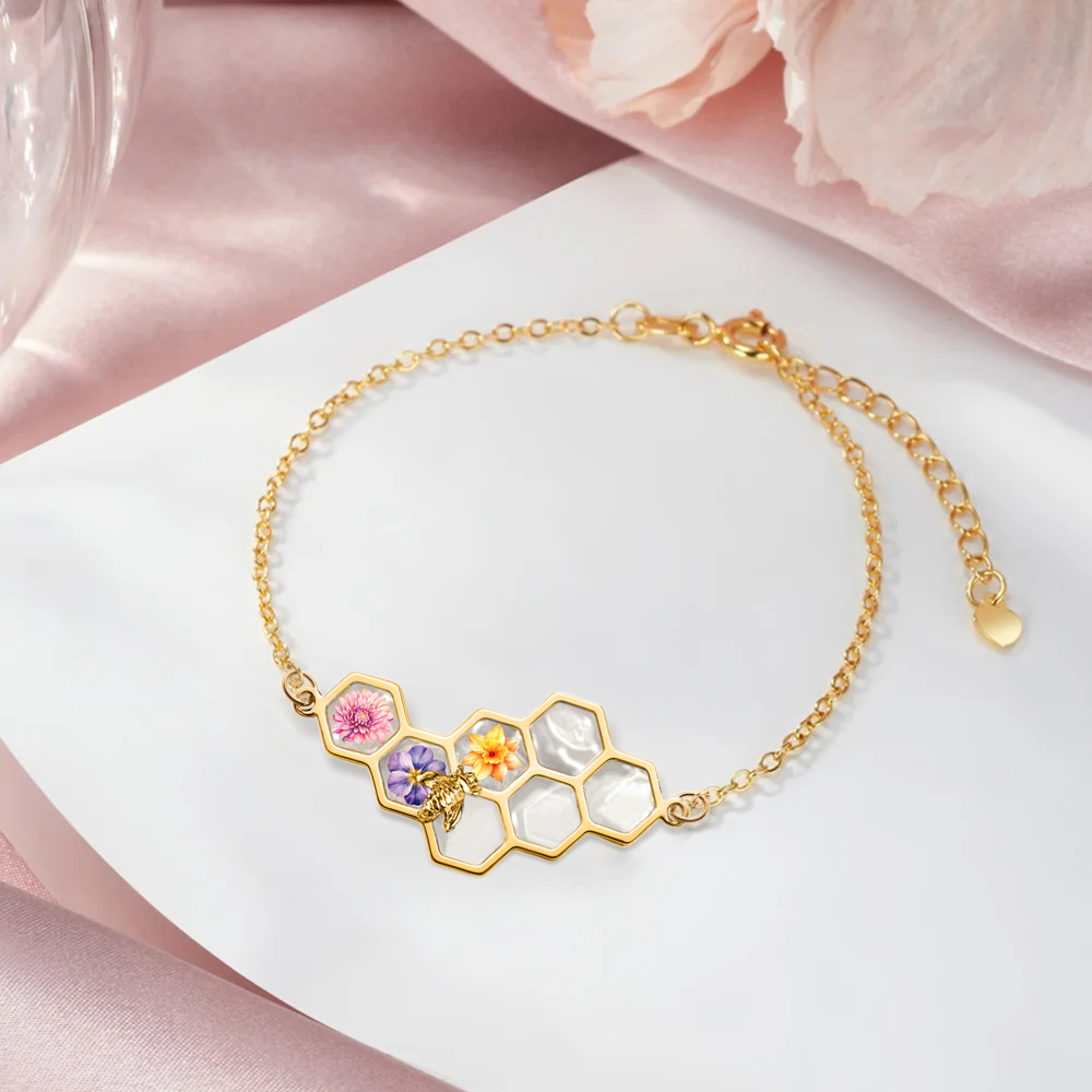 Bracelet personnalisé 1-12 Naissance Fleurs Abeille Nid d'abeille Bijoux délicats Anniversaire Fête des mères Cadeau pour femmes