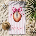 Personalized Pink Stripe Coquette Bow Basketball Football Oversized Quick Dry Beach Towel with Name Sport Beach Accessory Birthday Gift for Girls