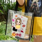 Gepersonaliseerde Cartoon Mode Meisje Lippenstift Ontwerp Grote Doorzichtige Schoudertas met Naam Reisbenodigdheden Verjaardagscadeau voor Vrouwen