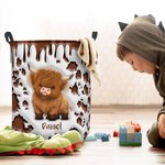 Personalized Cute Highland Cow Waterproof Laundry Storage Basket with Name and Handle Nursery Decor Birthday Housewarming Gift for Kids Family