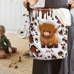 Personalized Cute Highland Cow Waterproof Laundry Storage Basket with Name and Handle Nursery Decor Birthday Housewarming Gift for Kids Family