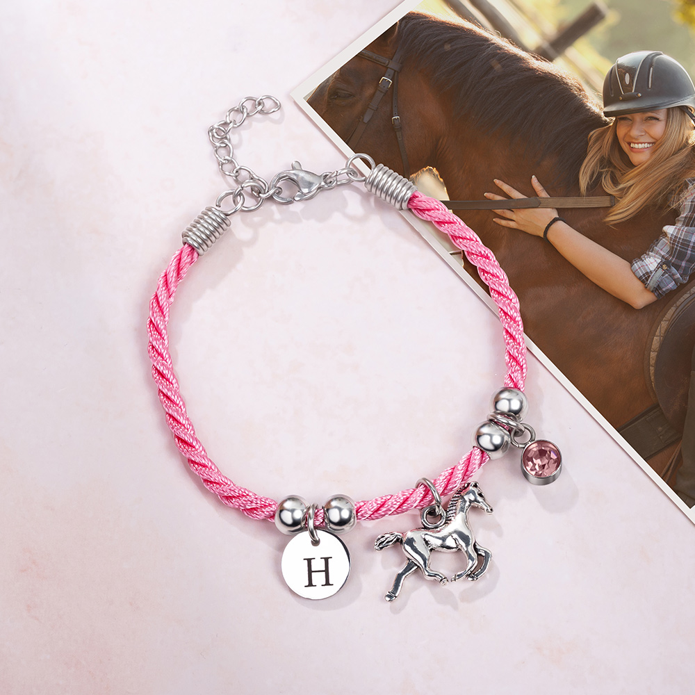 Bracelet de corde rose avec pendentif en pierre de naissance pour cheval personnalisé Cadeau d'anniversaire pour enfants femmes