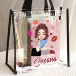 Bolsa personalizada grande y transparente con diseño de lápiz de labios y chica de moda con nombre regalo de cumpleaños para mujeres