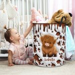 Personalized Cute Highland Cow Waterproof Laundry Storage Basket with Name and Handle Nursery Decor Birthday Housewarming Gift for Kids Family